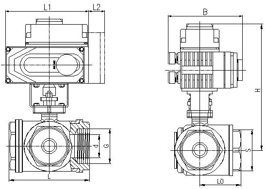 電動內(nèi)螺紋三通球閥結(jié)構(gòu)圖 電動內(nèi)螺紋三通球閥結(jié)構(gòu)圖
